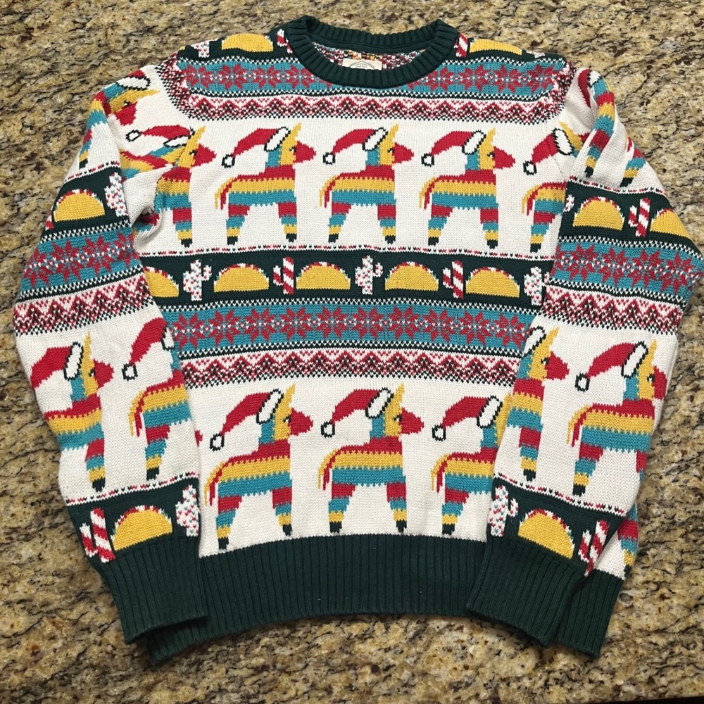 St Johns Bay Mens Piñata Taco Christmas Sweater Small Cotton Fair Isle Holiday
